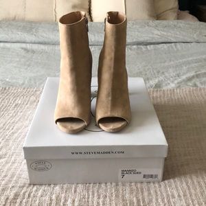 Beige suede open toe booties